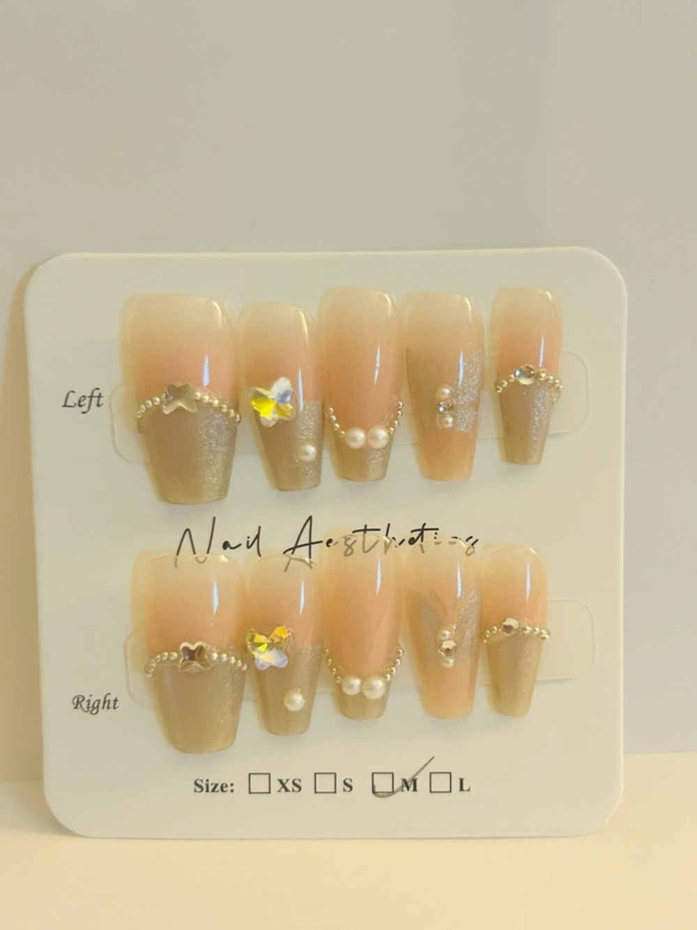 Elegant Nude & Gold Pearl Rhinestone Press-On Nails - available in s, m,l